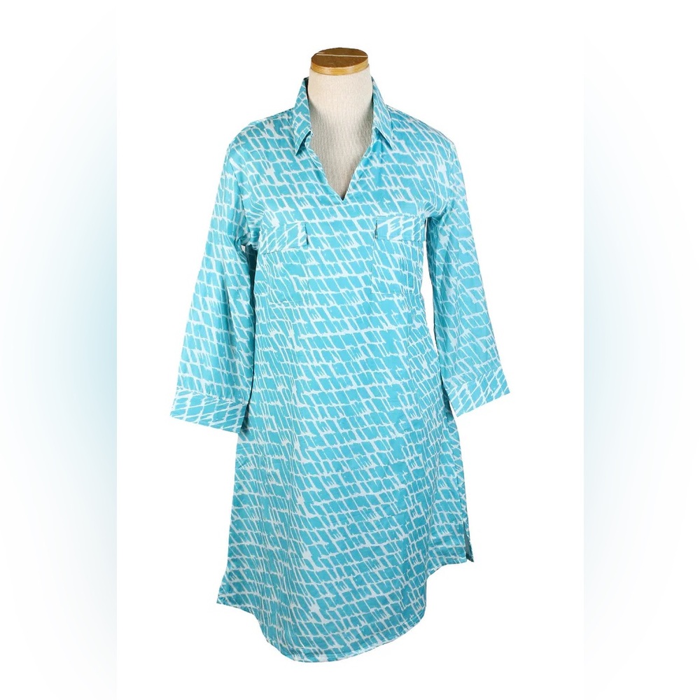 KikiSol Preppy Colorful Beachy Aqua Paintbrush Tunic Dress Size Small